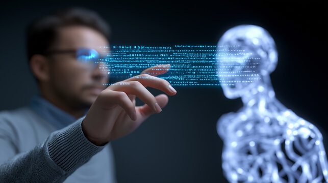 A man wearing glasses reaches out toward a transparent humanoid hologram composed of binary code. Lines of data flow between his hand and the digital figure, representing interaction with artificial i