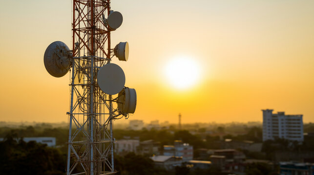 Telecommunication tower with multiple antennas and satellite dishes silhouetted against a glowing sunset sky over a cityscape.