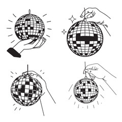 hand holding disco ball vector icons set
