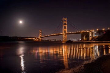 Fototapeta premium Magnificent nighttime bridge with moonlight reflection.