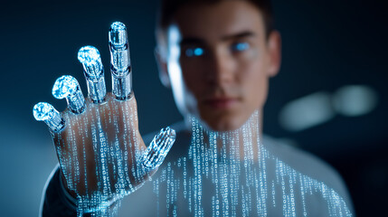 A futuristic young man with glowing blue eyes reaches forward with a digital robotic arm made of code or light. The background is dark and abstract, evoking themes of cybernetics, data, and technology