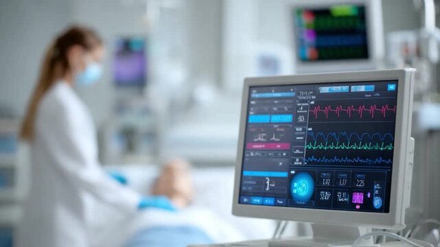 Patient Monitoring: Close-up view of a medical monitor displaying vital signs, with a blurred healthcare worker attending to a patient in the background.