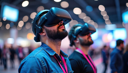 Men wear virtual reality headsets at modern exhibition. Attendees engage with VR technology, experiencing future entertainment, gaming in dynamic convention center. Focus on interaction, innovation,