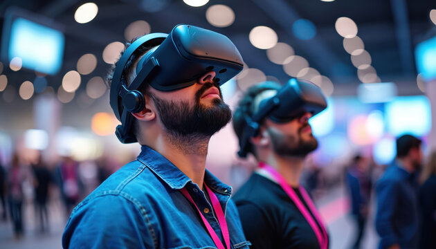 Men wear virtual reality headsets at modern exhibition. Attendees engage with VR technology, experiencing future entertainment, gaming in dynamic convention center. Focus on interaction, innovation, - Powered by Adobe