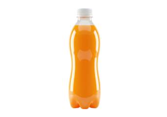 Isolated plastic bottle of orange soda, sweet drink on a clean surface; studio shot