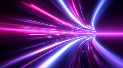 Futuristic neon light tunnel with glowing pink and purple curved lines, creating a high-speed motion effect.
