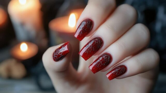 Gothic red spider web nail art with candlelit ambiance. Halloween, All Hallows Eve, Samhain - Spooky Holiday Season, Fall Festival Celebration