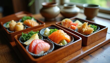 Traditional Japanese kaiseki meal presented in elegant wooden bento boxes. Features fresh sashimi, tempura, simmered vegetables, pickles, offering nutritious, delicious, healthy culinary experience.