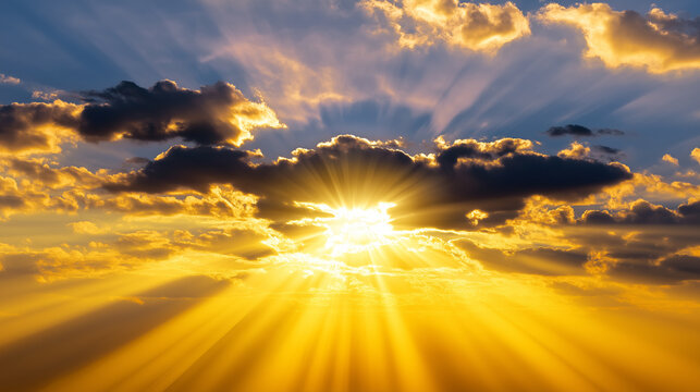 Dramatic golden rays of sunlight breaking through dark clouds during a vibrant sunset, creating a heavenly and peaceful atmosphere.
