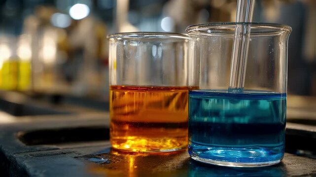 Focused medium shot showing match splints being dipped into contrasting chemical baths side by side sulfur and phosphorus liquids shimmering brightly while the blurred workspace