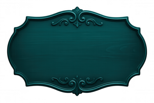 Vintage teal wooden signboard featuring ornate frame, elegant design element with transparent background, complementing creative graphic projects
