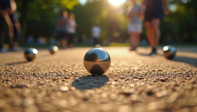 Close-up of petanque ball on gravel court during sunny day game. Friends enjoy leisure competition, playing bocce ball in social summer recreation activity. Focus on metallic sphere, challenging