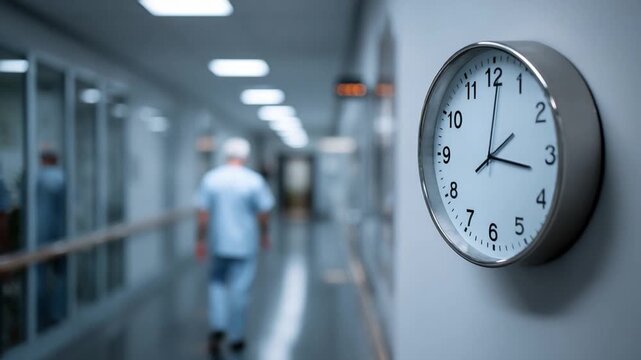 Time in The Hospital: A striking visual featuring a wall clock mounted in a long hospital corridor. A single person walks down the hallway. It portrays the concepts of medical care, time management.