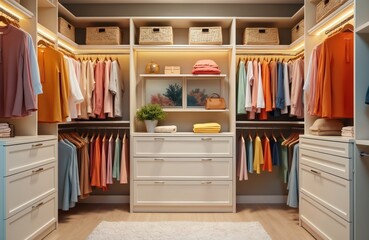Spacious walk-in closet with light beige cabinets, organized shelves, hanging clothes in varied colors. Stylish baskets, drawers, clothes rack enhance storage. Bright, functional, elegant home