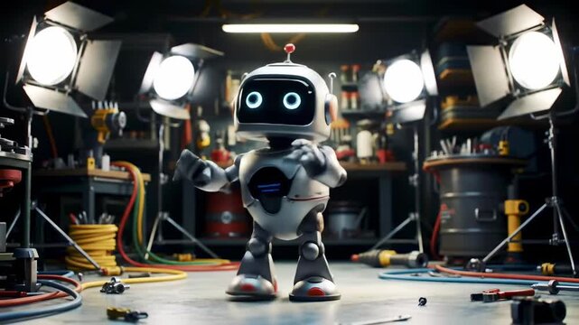 Friendly robot character gesturing in workshop studio, suggesting innovation, creativity, and future technology advancements with dynamic movement