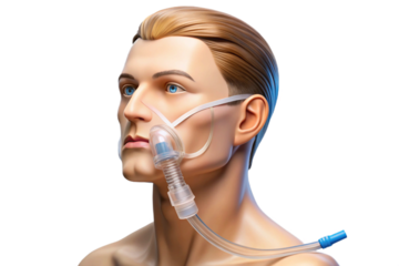 Realistic male anatomy showing tracheostomy tube placement detailed medical visualization render transparent background