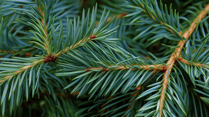 Fototapeta premium Close-up of a pine tree branch with vibrant green needles in a natural forest setting. 