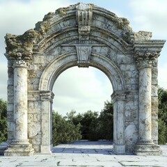 Obraz premium An old Roman arch, made of stone or marble. It could be a fancy castle entrance with columns. A unique arch design. 
