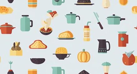 Seamless pattern with flat vector icons of food and kitchenware, minimal design, solid colors.
