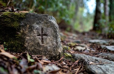 Fototapeta premium Cross marking hiking trail through lush forest landscape