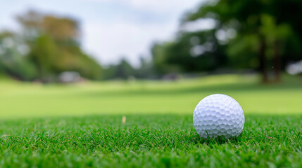 Fototapeta premium Golf ball resting on lush green grass of a course, with blurred background and natural outdoor light. 