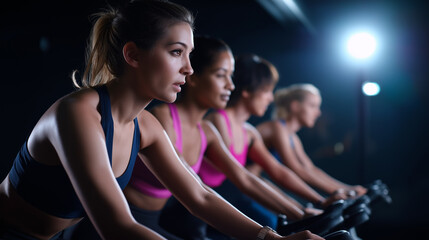 Group of focused women in sportswear intensely training on stationary bikes in a dimly lit indoor cycling class or spin studio.