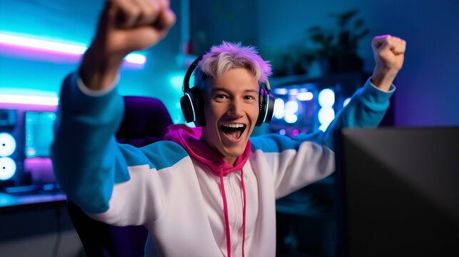 Excited young gamer celebrating victory while playing video games in a neon-lit gaming room.
 - Powered by Adobe