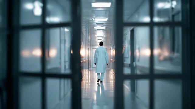 Hospital Corridor Reflection: A doctor, clad in pristine attire, navigates a brightly lit hospital corridor, creating a cinematic scene of hope and anticipation.