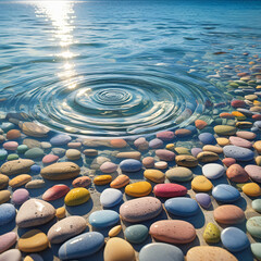 Colorful Smooth Pebbles on a Beach with Water Ripples