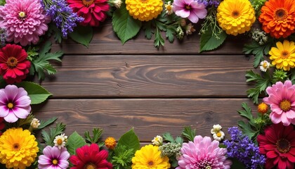 Vibrant flowers in pink, yellow, purple, red encircle rustic wooden surface. This cheerful arrangement evokes fresh springtime garden atmosphere with lush botanical elements, bright color palette.