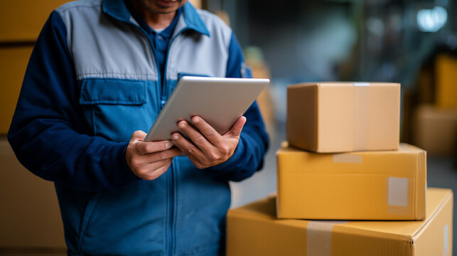 Warehouse worker using a tablet while checking cardboard boxes, illustrating logistics, delivery, and inventory management.