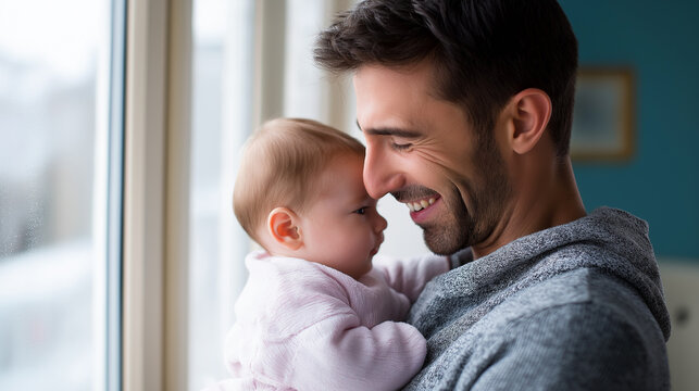 Loving father holding his baby near a window, sharing a joyful and tender moment full of affection and bonding.
