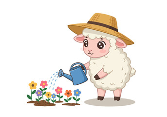 Naklejka premium A cartoon sheep wearing a hat waters a flower garden with a blue watering can