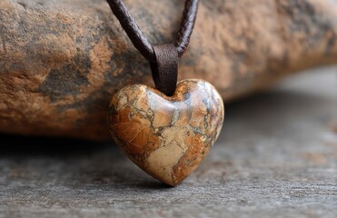 Obraz premium Heart shaped picture jasper stone pendant hanging on leather cord