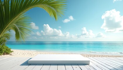 Tropical beach setting with empty white platform on wooden planks. Clear blue ocean and sky with clouds. Palm leaves frame scene. Ideal for product display, summer promotions, travel advertising.