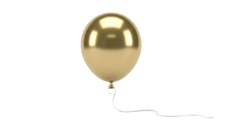 Isolated gold birthday balloon with a ribbon, floating on a white background