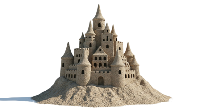 Medieval French chateau with stone walls and towers stands as a historic fortress on a white background