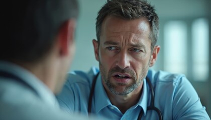 Doctor intense expression during medical consultation. Avoids eye contact with furrowed brow, showing guilt, shame, tension. Realistic indoor scene of healthcare professionals in hospital clinic.