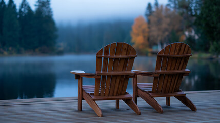 Fototapeta premium Two empty Adirondack chairs on a lakeside dock at sunrise, with calm water and autumn trees in the background. 