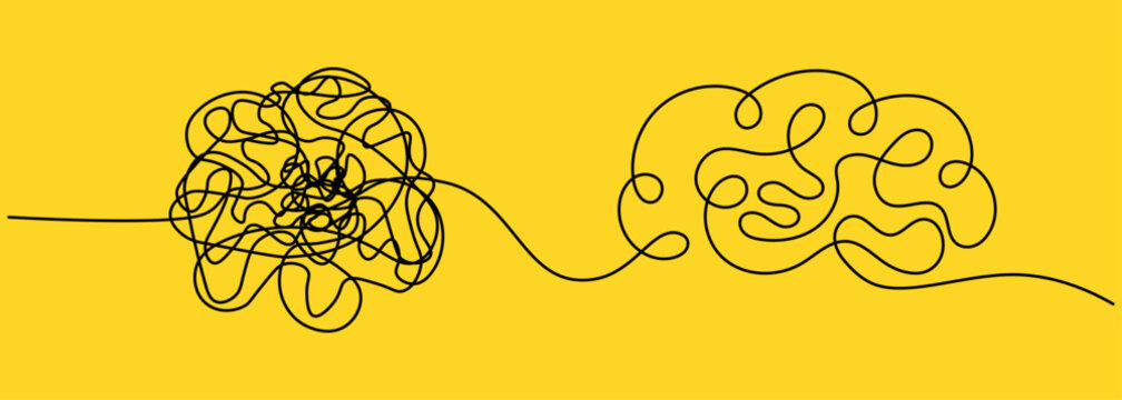 Tangled line transforming into organized shape of brain, symbolizing problem solving, clarity from confusion, creativity, mental health, therapy, communication, and mindfulness. Untangle and brain