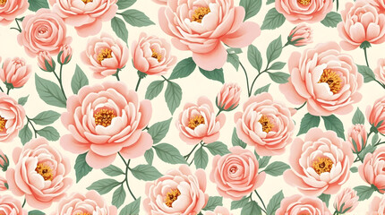 Floral Pattern with Pastel Peach Roses and Green Leaves