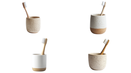 • A sustainable ceramic toothbrush holder, isolated on white background in HD 