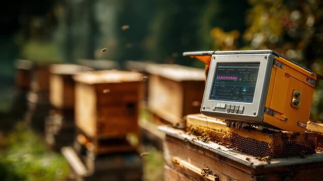 Close medium shot of a hivehealth analytics control panel mounted on a contemporary smart beehive with the surrounding apiary and bees gently out of focus showcasing innovative