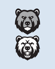 Two powerful vector logos of a bear's head, presented in different styles. The top design has a more stylized and fierce look with a gray color scheme, while the bottom design is more detailed and rea
