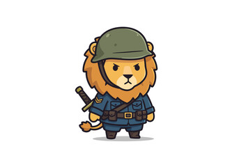 Cartoon lion soldier stands stoically in a helmet and uniform sword at his side