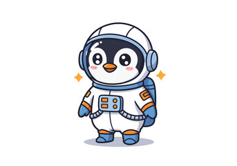 Cartoon penguin astronaut stands on a white background smiling