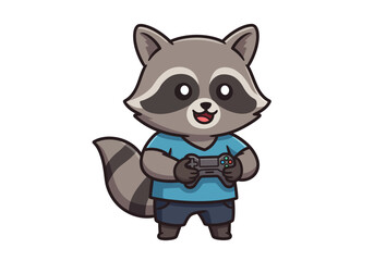 Obraz premium Cartoon raccoon wearing shirtshorts holding controller