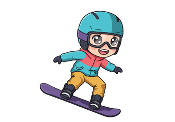 Cartoon snowboarder with helmet goggles and winter gear riding purple snowboard