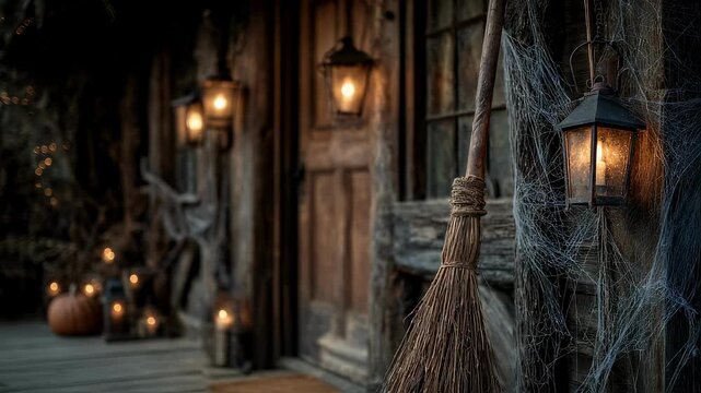 Medium shot featuring a witchs broomstick resting against an old wooden door with surrounding spider webs and glowing lanterns gently out of focus. - Powered by Adobe