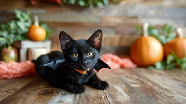 Black kitten wearing a small bat wing costume for Halloween celebration. Cute pet in spooky attire with autumn pumpkin decoration. All Hallows Eve, Samhain